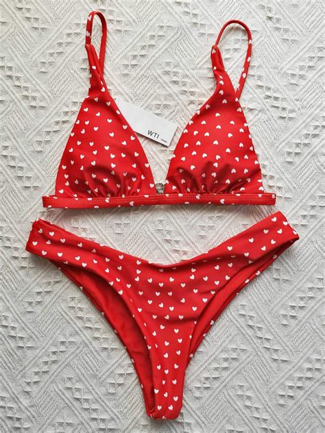 Triangle Bikini Set For Women With Heart Print Red Wti Design Bikinis Trendy Swimsuits