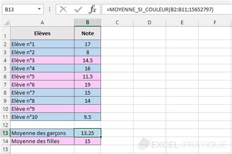 Fonction Excel MOYENNE SI COULEUR