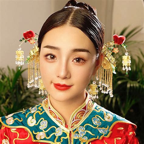 Headdress Bride Atmospheric High Grade Golden Red Velvet Dragon And Phoenix Gown Chinese Hair