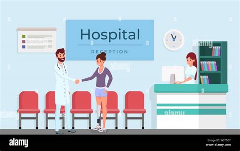 Modern Clinic Reception Flat Vector Illustration Smiling Doctor Woman