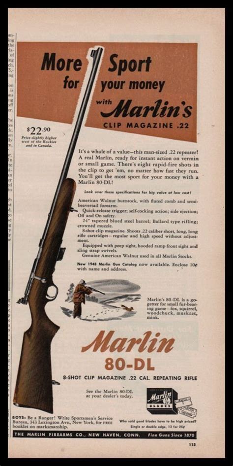 Vintage Marlin Firearms Gun Advert 1948 80 Dl Clip Magazine 22 Rifle Raytrade Uk Weapons