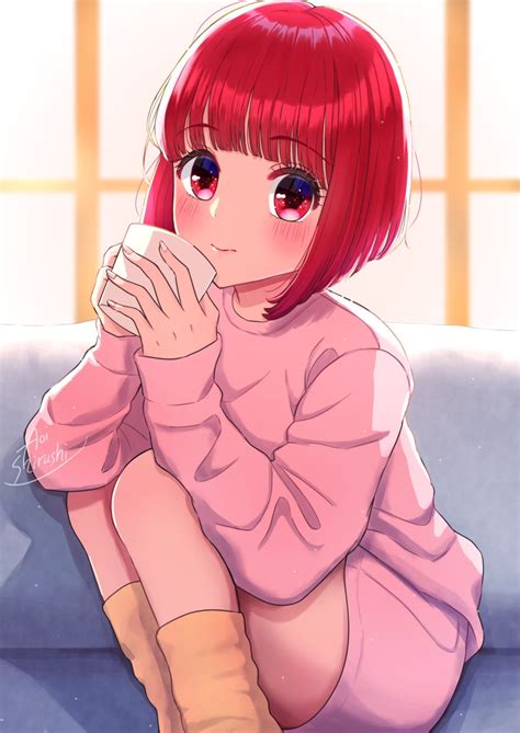 safebooru 1girl arima kana bob cut closed mouth couch cup highres holding holding cup light