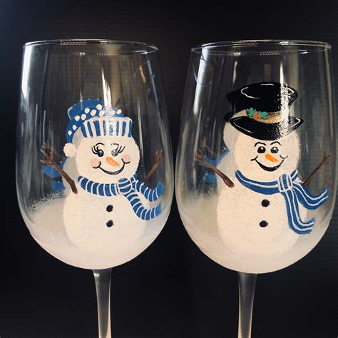 Blue Holiday Snowman Hand Painted Wine Glasses Etsy