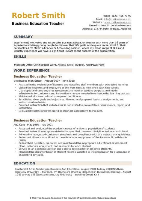 Having a hard time writing your teacher resume? Business Education Teacher Resume Samples | QwikResume