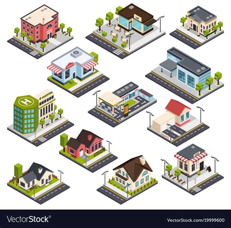Isometric City Buildings Set Royalty Free Vector Image