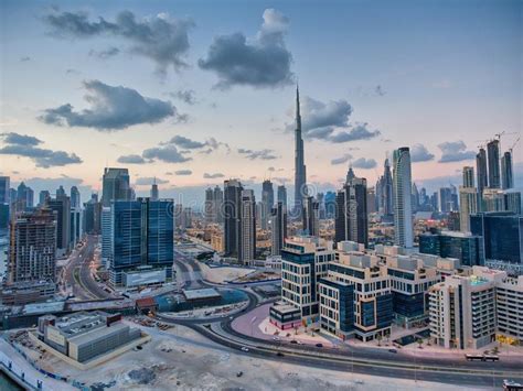 Downtown Dubai At Sunset Uae Amazing Aerial View From Drone Stock