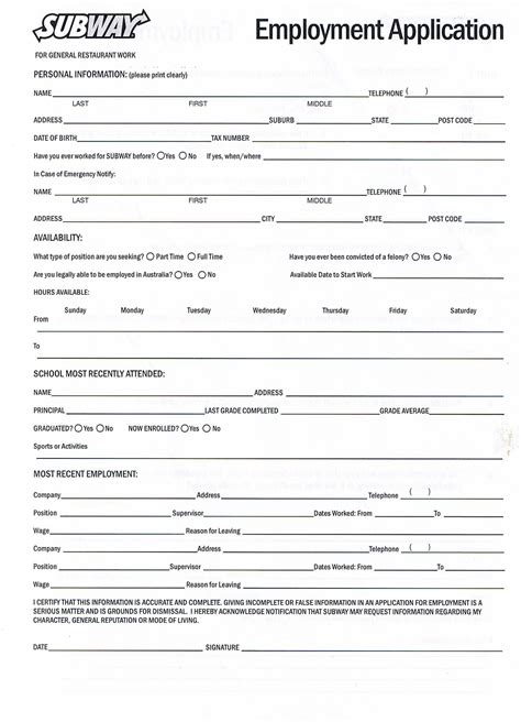 Printable Employment Application For Subway With Images Printable