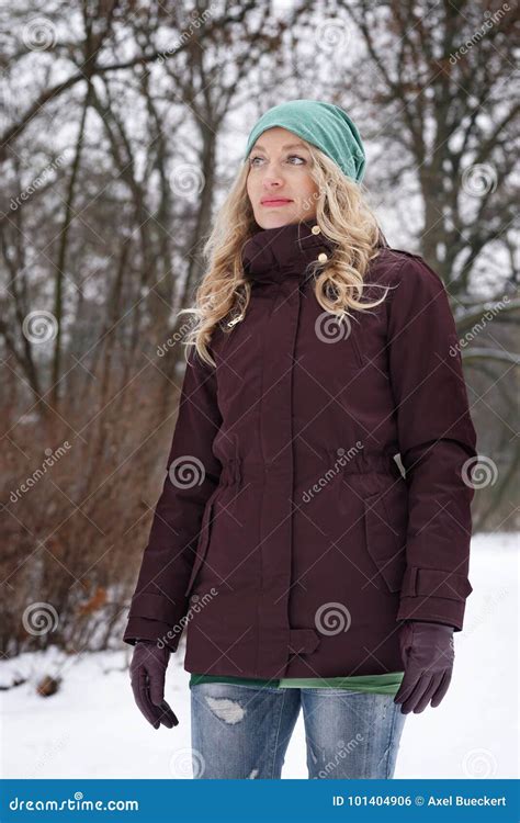 Blond Woman In Snowy Forest Stock Photo Image Of Gloves Casual