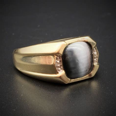 Vintage 10k Yellow Gold And Black Moonstone Mens Ring With Diamond