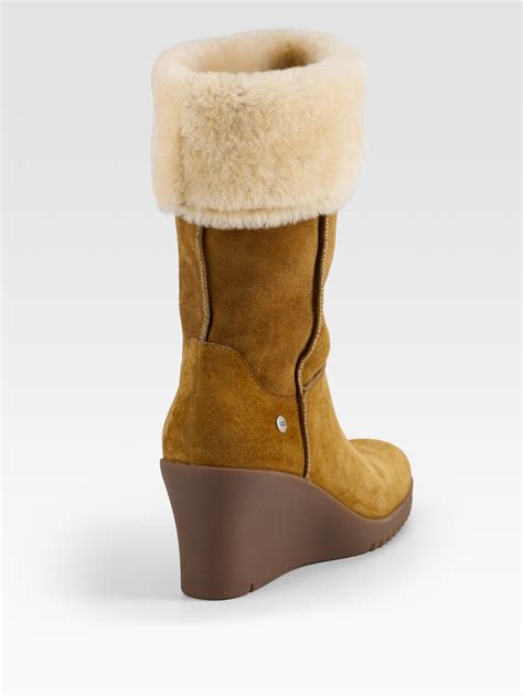 Lyst Ugg Shearling Cuff Suede Wedge Boots In Brown