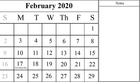 Feb 2020 Calendar With Notes Free Printable Calendar Templates