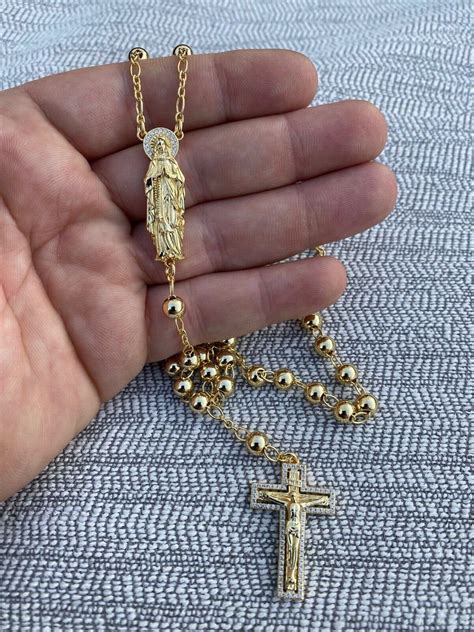 Mens Rosary Beads Necklace 14k Gold Over Real 925 Sterling Silver