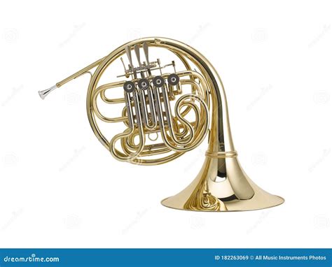 Golden French Horn Horn Brass Music Instrument Isolated On White