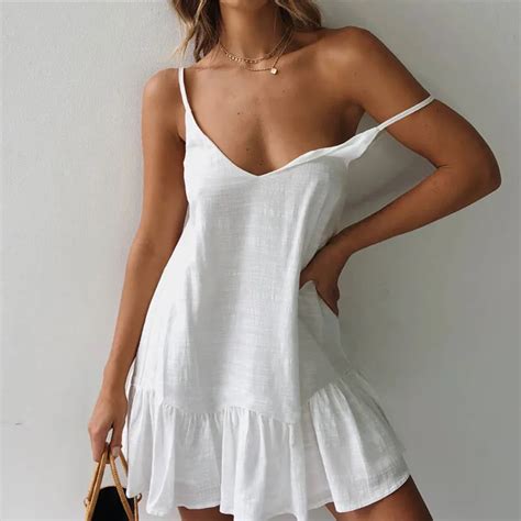 Strap Dresses Off Shoulder Women Summer Dress White Shift Dress Ruffle Sexy Sundress Mini Cotton