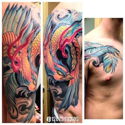 Beautiful Full Color Phoenix Male Half Sleeve Chest Tattoo By Meghan