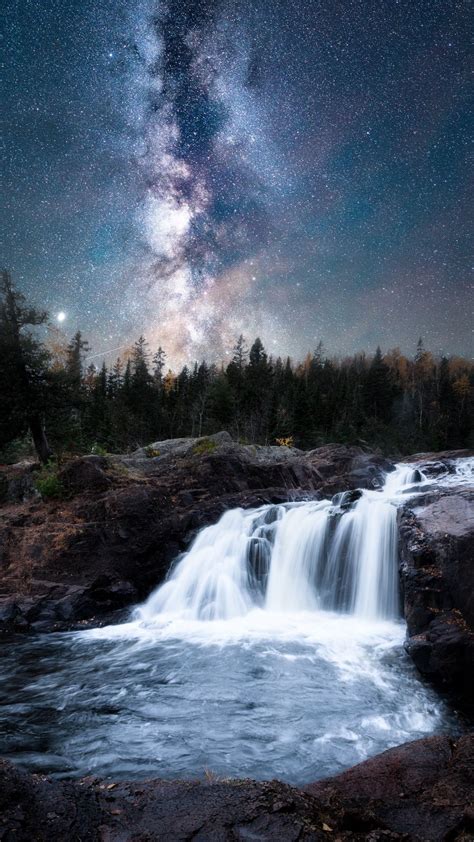 Download Wallpaper 1080x1920 Waterfall Milky Way Stars Night Nature