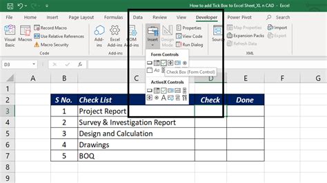 How To Add A Checkbox Tickbox Into Excel Sheet Xl N Cad
