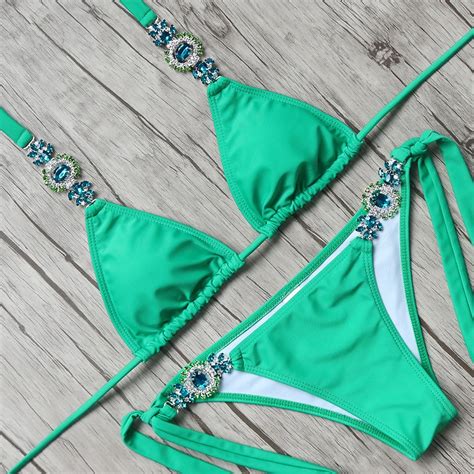 Sexy Brazilian Bikini Set Rhinestone Swimsuit Halter String Bikini