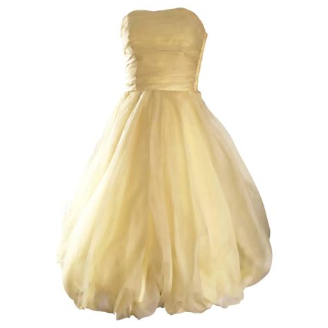Vintage 1950s Lemon Pale Yellow Demi Couture Strapless Silk 50s Bubble