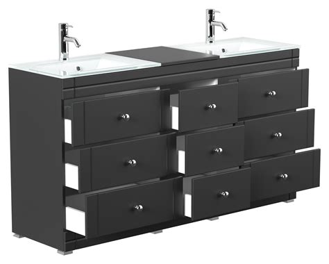 This floorstanding basin unit incorporates a drainage area at each side for placing down wet toothbrushes and flannels to dry. Standing vanity unit Vitro Classic double glass basin in ...