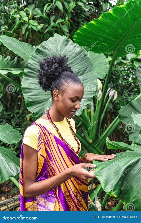 African American Woman In Jungle In Colorful Dress Stock Image Image Of Beauty Curly 157015019