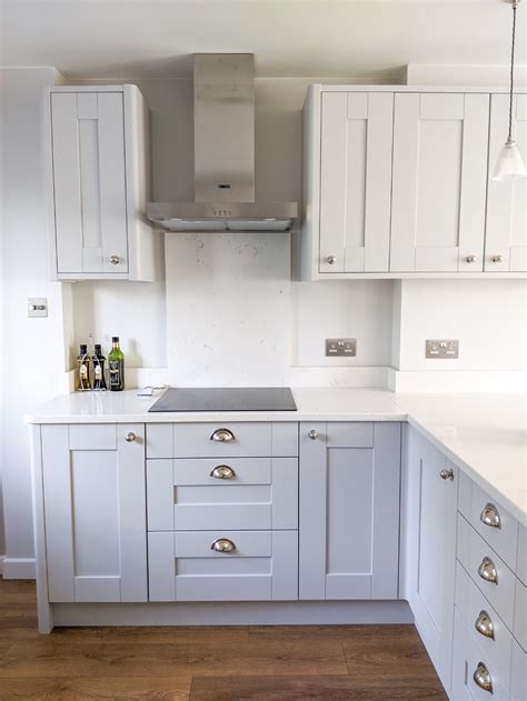 Speak to one of our design consultants today. Grey shaker kitchen with oak flooring. Kitchen Renovation ...
