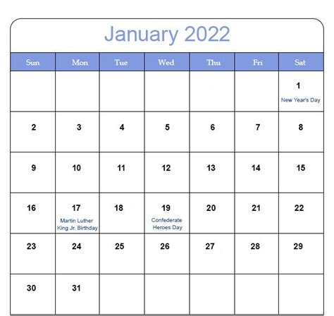 January Calendar 2022 With Holidays Printable Template Calendar