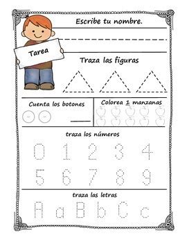 The activities in this packet can be used for morning work, homework, group work, centers and more! Homework Pre-K 22 Weeks of Weekly Homework in Spanish | TpT