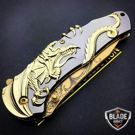 8 Gold Dragon Titanium Spring Assisted Open Blade Folding Pocket Knif
