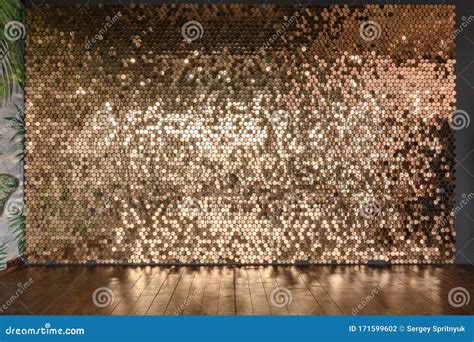 Gold Sparkle Glitter Background Glittering Sequins Wall Stock Photo