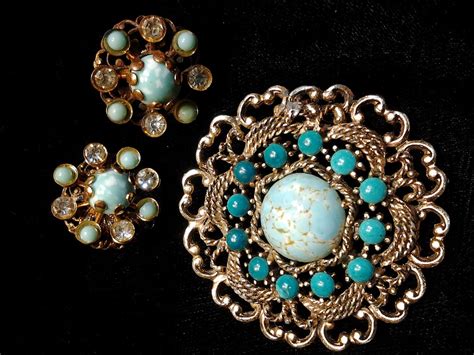 Vintage Antique Costume Jewelry Brooch Pin Earring Set Lot