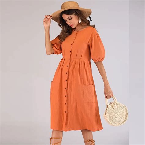 Orange Summer Dresses For Women With Short Sleeve O Neck Solid Casual