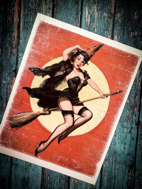 Vintage Halloween Pin Up Girl Witch With Broom Historic Photo Print
