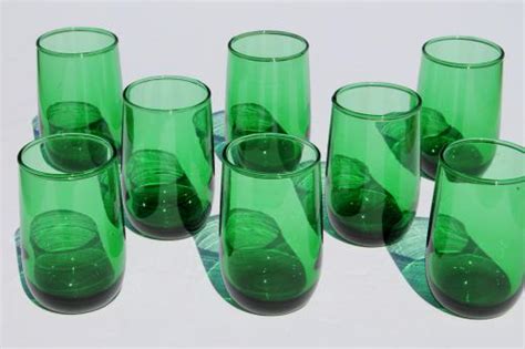 Vintage Anchor Hocking Forest Green Glass Juice Glasses Set Of 8 Roly Poly Tumblers
