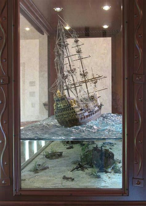 Display Casemodel Of A Tall Ship At Sea Above Sunken Ships Scale