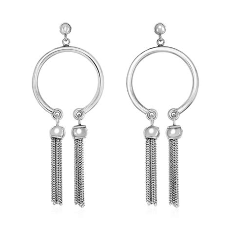 Polished Circular Earrings With Tassels In Sterling Silver Hoop