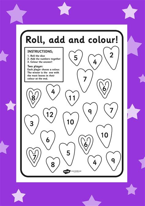 Use these free worksheets to learn letters, sounds, words, reading, writing, numbers, colors, shapes and other preschool and kindergarten skills. Roll, add and colour! Free valentines worksheet > http://www.twinkl.co.uk/resource/t-t-9090 ...