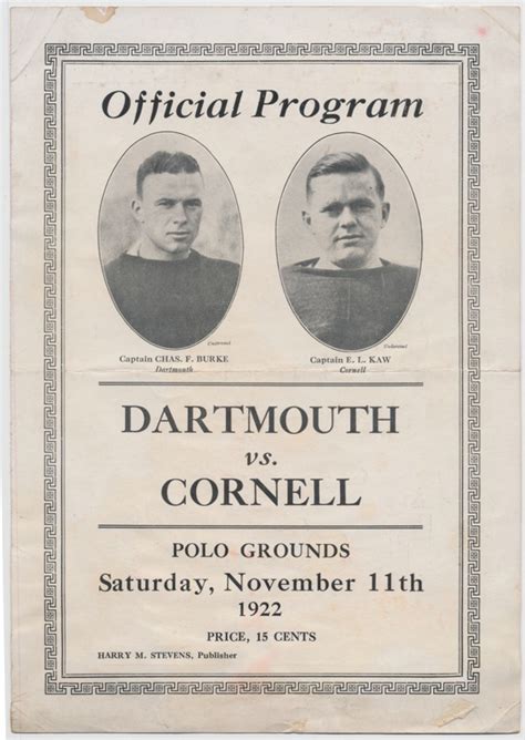 1922 Cornell Dartmouth Football Program Eddie Kaw