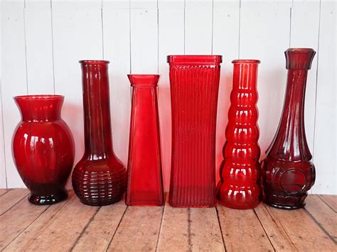 Vintage Red Glass Vase Set Of 6 All Different Pattern Wedding Vases