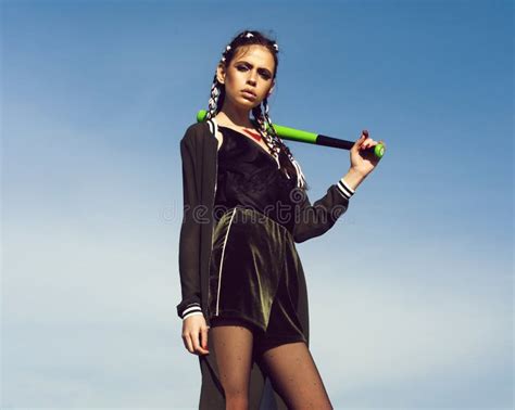 Aggressive Girl Young Woman With Stylish Long Braids Brunette Hair