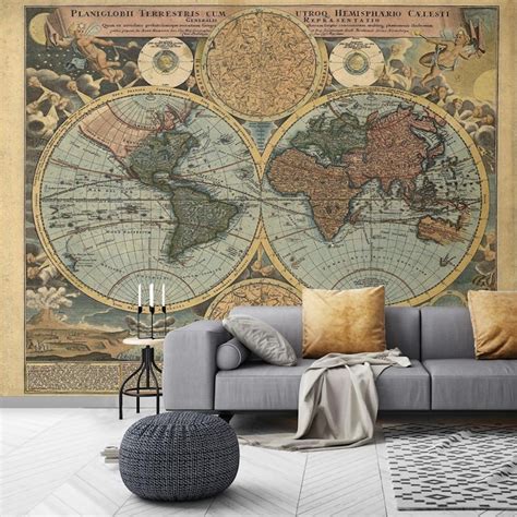 Vintage World Map Wallpaper Mural Peel And Stick Removable Etsy