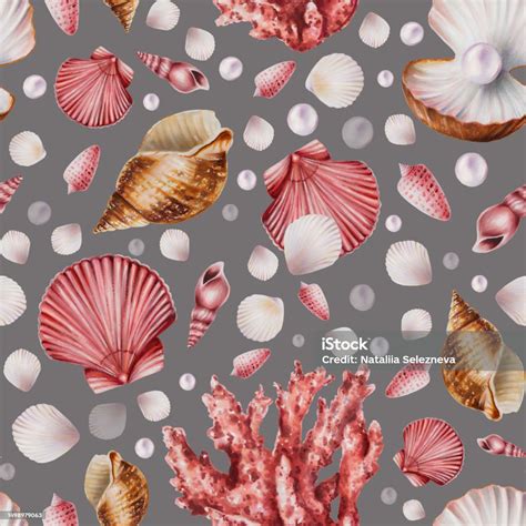 Watercolor Seamless Pattern With Corals Shells And Pearls Hand Painting