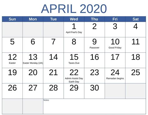April 2020 Calendar With Holidays Usa With Festival And Dates