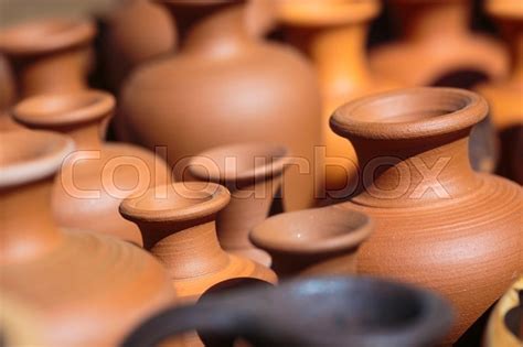Several Handmade Clay Pots Close Up Stock Image Colourbox