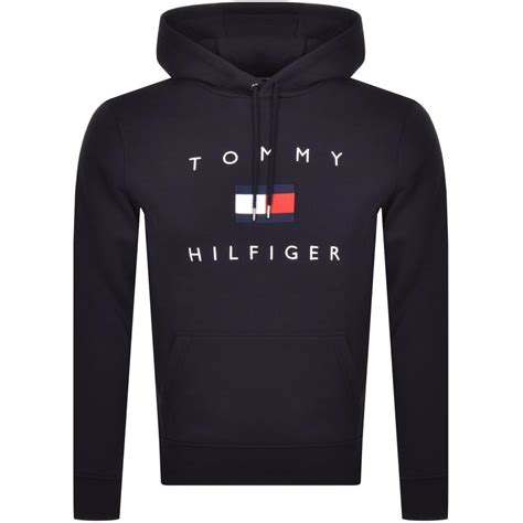 Tommy Hilfiger Fleece Flag Logo Pullover Hoodie In Navy Blue For Men