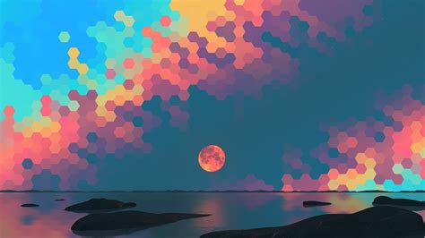 2560x1440 Hexagon Sky Orange Moon 1440p Resolution Wallpaper Hd Artist