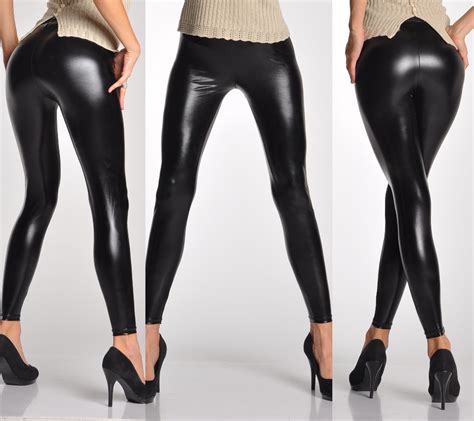 Sexy Women Wet Look Shiny Black Faux Leather Stretch Skinny Pants