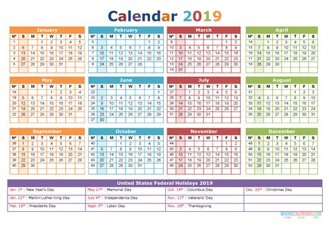 2019 Calendar With Holidays Printable Yearly Calendar Template