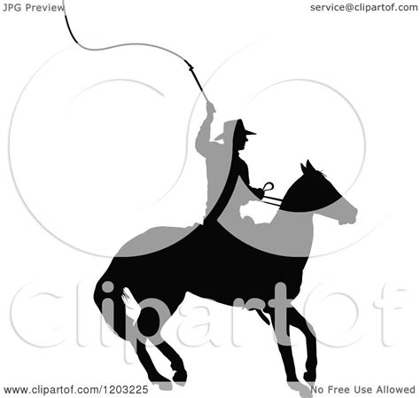 Clipart Of A Black Silhouetted Horseback Cowboy Swinging A Whip