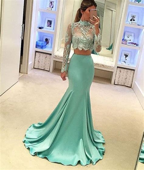 Prom Dressesmint Green Mermaid Style Two Pieces Lace Long Prom Dress